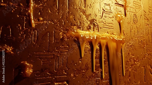 Thick golden honey dripping down a wall with ancient hieroglyphs