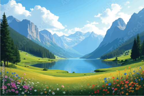 Serene mountain landscape with calm lake, pine trees, wildflowers, blue sky, and warm midday sunlight.
