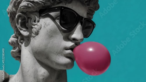 Modern art meets classical sculpture with playful bubble gum in a vibrant setting featuring a statue wearing sunglasses