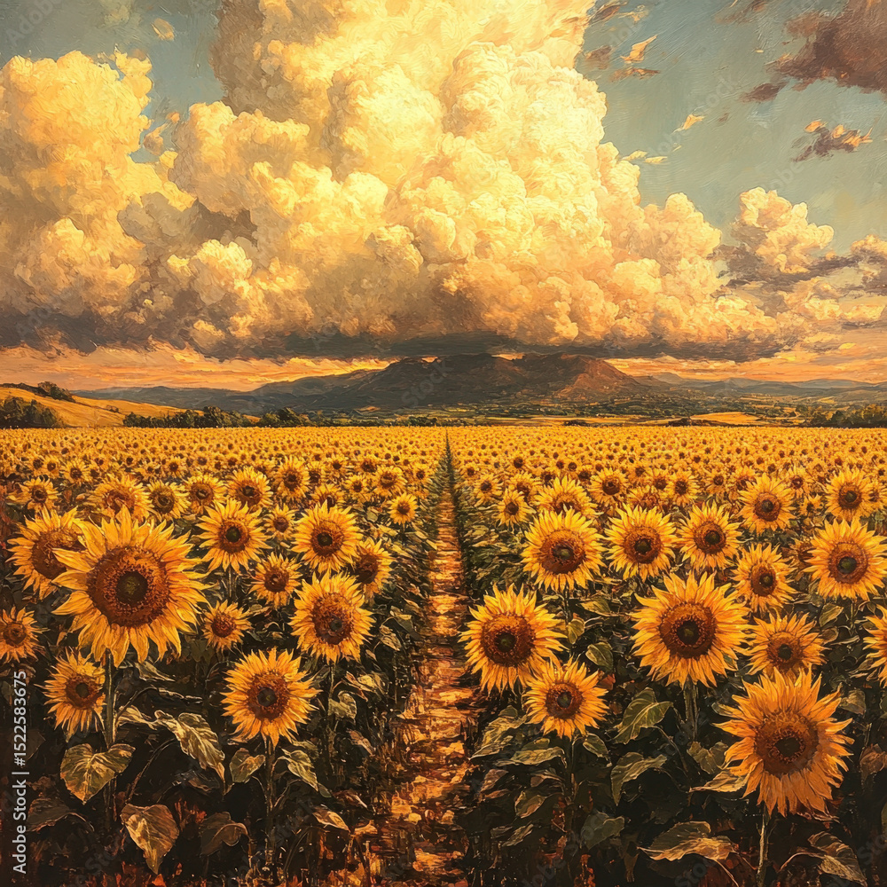 Fototapeta premium Sunflowers in a field painting.