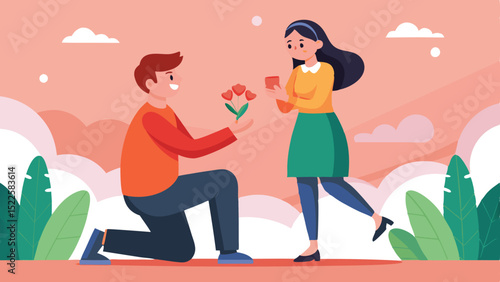 Cartoon Man Proposing with Heart Flowers to Woman Holding a Gift Box Illustration