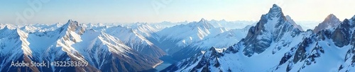 A breathtaking panoramic view of snowcapped mountain peaks, challenging climbers with icy slopes and stunning vistas Perfect for adventure, travel, and nature projects , descent, ice