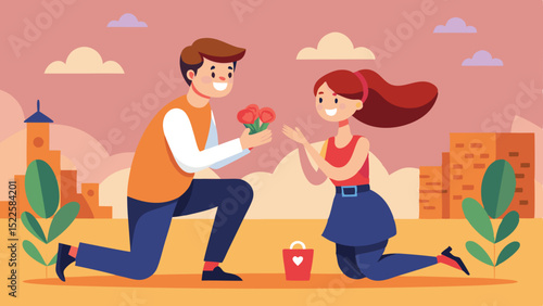 Cartoon Man Proposing with Flowers to a Woman During a Romantic City Getaway