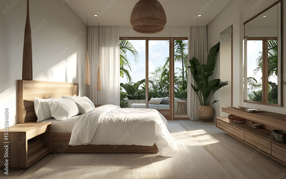 Fototapeta premium A modern coastal-inspired bedroom with crisp white linens, natural wood, and beachy accents
