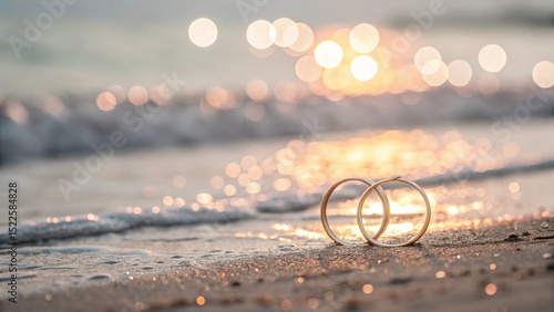 Elegant gold wedding rings on sandy beach with sunset bokeh for romantic celebration