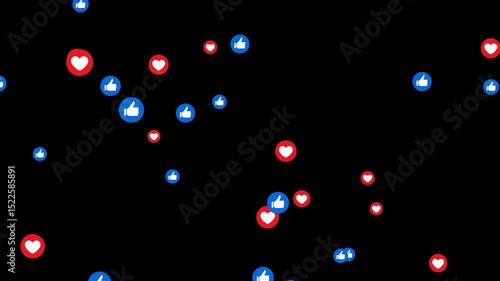 Floating like and heart icons animation with transparent background. Social media reaction emojis rising up. Perfect for video overlays, live streaming, or digital content engagement visuals.
