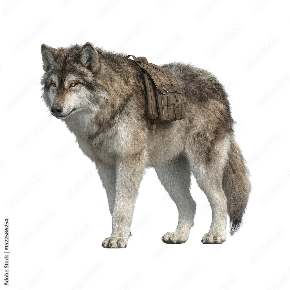 Obraz premium Wolf with Backpack - 3D Render of a Grey Wolf Carrying a Vintage Bag