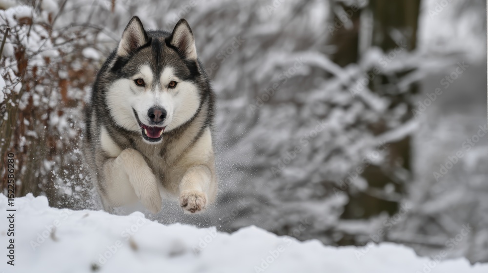 Naklejka premium leaping husky dog with joy, blurry snowy landscape background