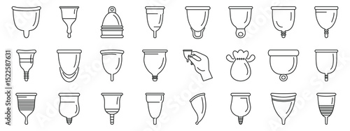 Menstrual cup icons set. Line drawing icons showing different types of menstrual cups, a reusable feminine hygiene product for menstruation