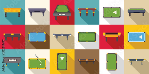 Snooker table icons set. Billiard table icons represent the game of pool, showcasing balls and cues in various arrangements