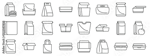Paper lunchbox icons set. Line drawing of various food packaging, including boxes, bags, jars, and containers, ideal for representing food storage and delivery