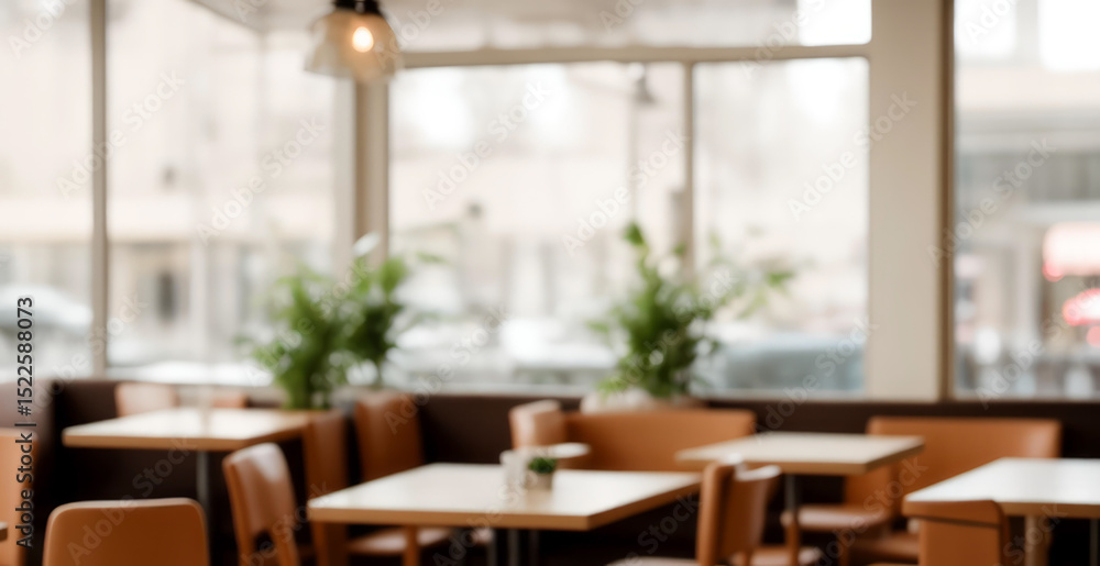 Restaurant interior with tables chairs plants and large windows providing natural light with a cozy ambiance, modern furnishings, and soft warm lighting in a relaxed urban setting. Restaurant interior with tables chairs plants and large windows providing natural light with a cozy ambiance, modern furnishings, and soft warm lighting in a relaxed urban setting.