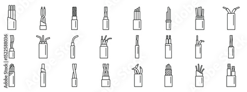 Electrical wire conductors icons set. Collection of line art illustrations showing various electrical cables