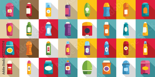 Antiperspirant bottles icons set. Flat design icons of roll on, spray, stick, and solid deodorants representing personal hygiene products