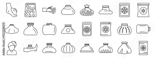 Ice bag icons set. Collection of herbal compress outlines for spa therapy