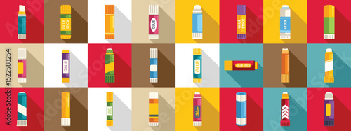 Glue stick icons set. Variety of glue stick icons in vibrant colors, ideal for representing adhesive options in arts, crafts, and diy projects