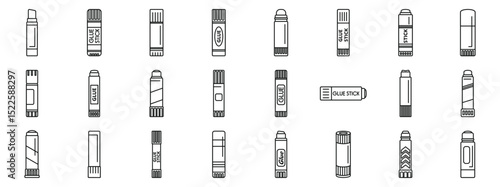Glue stick icons set. Set of glue stick icons in thin line style, illustrating various adhesive applicators for crafting, school, and office use