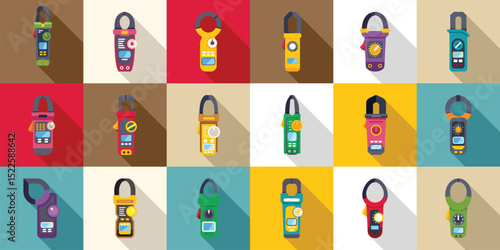 Clamp meter icons set. Colorful clamp meters on various backgrounds are measuring electrical current