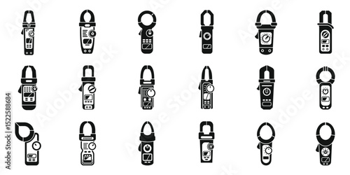 Clamp meter icons set. Measuring electricity icons set illustrating different types of digital clamp meters used by electricians