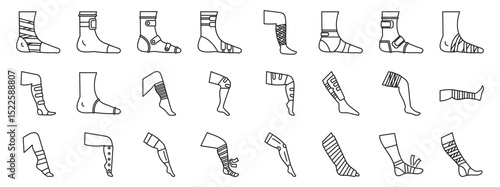 Foot bandage icons set. Different types of orthopedic bandages and braces are supporting and immobilizing injured legs and ankles, promoting healing and recovery
