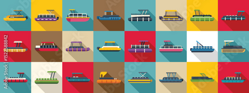 Pontoon boat icons set. Colorful pontoon boat icons represent various designs for river or lake leisure and recreation activities