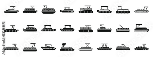 Pontoon boat icons set. Set of pontoon boat icons showing various designs for river or lake recreation and leisure