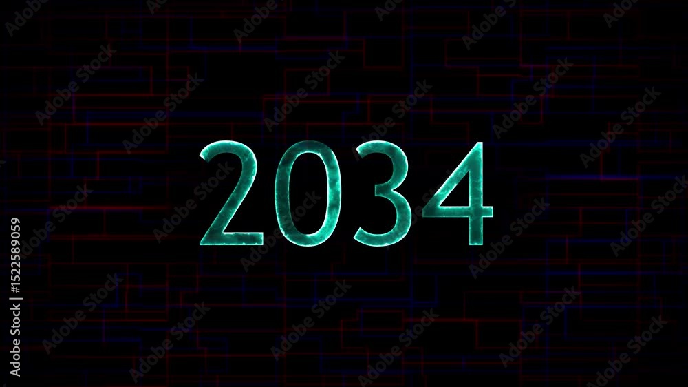 Neon glowing 2034 animation.2034 glowing year text animation on technology background. Neon glowing 2034 animation.2034 glowing year text animation on technology background.