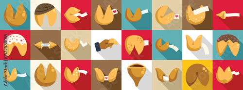 Fortune cookie icons set. Fortune cookies with predictions, different flavors and a hand holding one, perfect for representing chinese cuisine and fortune telling