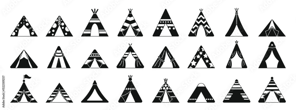 Teepee tent icons set. Collection of various black and white geometric teepee illustrations Teepee tent icons set. Collection of various black and white geometric teepee illustrations