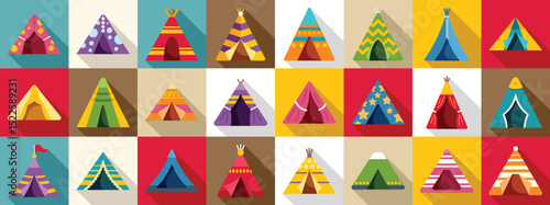Teepee tent icons set. Various teepee tent icons in vibrant colors and patterns represent camping, festivals, and native american heritage