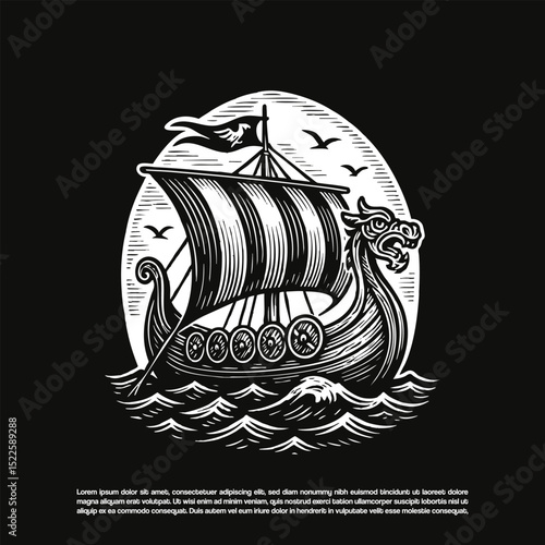 Vintage retro hand drawn Viking sailing ship vector illustration