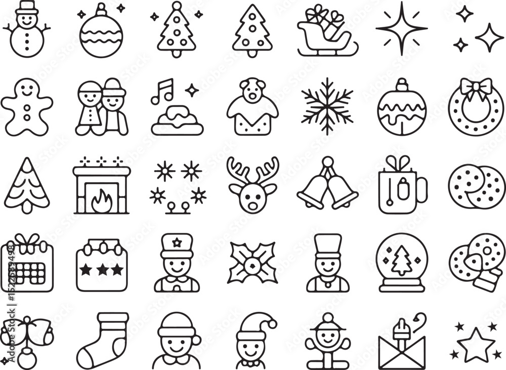 Naklejka premium Outline Christmas Icons Set with Festive Elements on Transparent Background Design