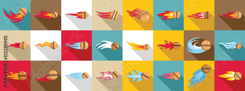 Flying cricket ball icons set. Cricket balls are hurtling through the air, leaving fiery trails and creating a dynamic display of motion and energy
