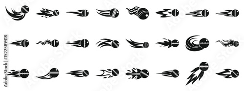 Flying cricket ball icons set. Set of different cricket balls with fire trails flying through the air, representing speed and power
