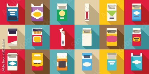 Empty pack cigarettes icons set. Cigarette packs arranged in a colorful pattern, highlighting smoking and addiction issues