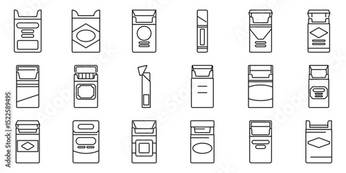 Empty pack cigarettes icons set. Open and closed cigarette packs, some showing the cigarettes inside, some with a flip top opening