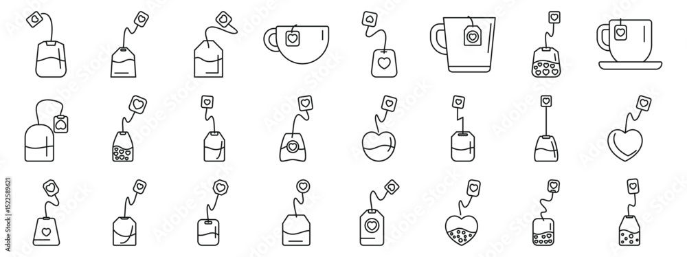 Heart tea bags icons set. Tea bag icons with heart shapes, symbolizing love for tea, perfect for valentine's day or tea themed designs