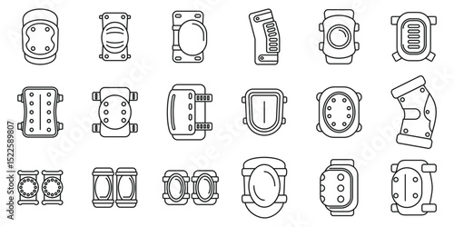 Knee pads icons set. Knee and elbow pads in various designs, providing essential protection for joints during sports, work, and other activities