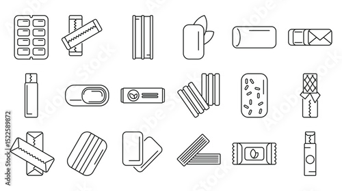 Chewing gum icons set. Various types of chewing gum are displayed, highlighting different packaging styles, flavors, and forms