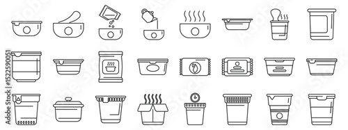 Instant soup icons set. Collection of linear icons representing instant food preparation, featuring bowls, cups, containers, sachets, and cooking processes
