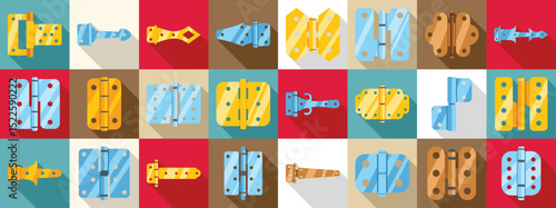 Door hinges icons set. Various metal hinges provide sturdy connections, ensuring smooth door operation in diverse settings