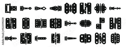 Door hinges icons set. Black silhouettes of hinges for doors, cabinets, and furniture, showcasing diverse designs and functionalities for interior and exterior use