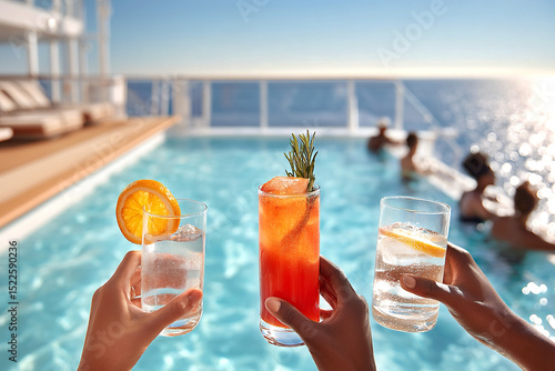 Hands holding summer cocktails, featuring vibrant drinks with garnishes, against a sparkling ocean backdrop, creating a refreshing yacht experience with joyful ambiance