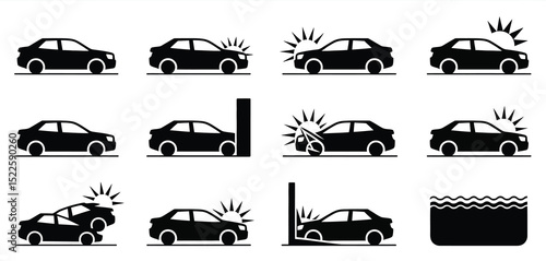 Car accident and damage icons set