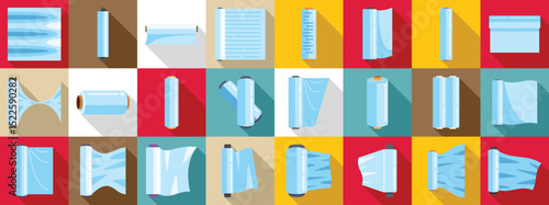 Cellophane stretch film icons set. Different types of plastic wrap, including rolls, sheets, and folded pieces, are displayed in various arrangements