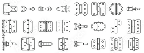 Door hinges icons set. Different types of hinges are illustrated, showcasing their function in joining and supporting doors and other objects