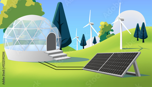 Sustainable Energy Eco House with Solar Panels and Wind Turbines Vector