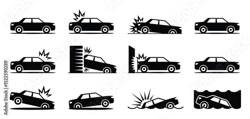 Car accident icons set black and white