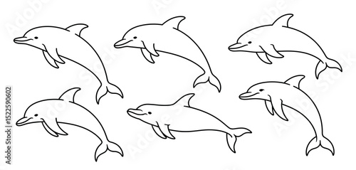 Five dolphins jumping outline illustration