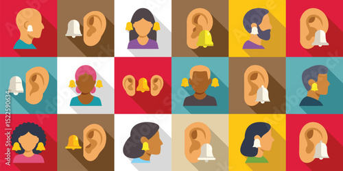 Tinnitus icons set. Notification bells ringing near ears and people, symbolizing alerts, messages, or reminders in a modern and minimalist aesthetic